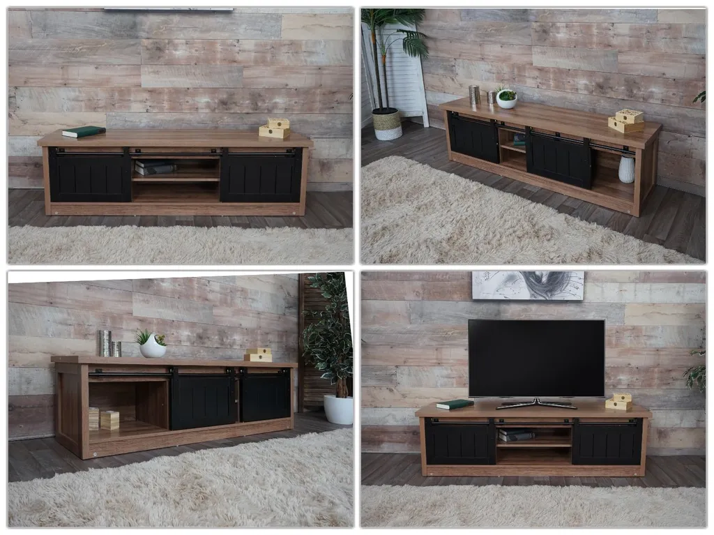 TV-Rack HWC-K75, Fernsehtisch TV-Board, Schiebetüren Staufächer, Holz-Optik Industrial Metall 43x150x40cm Braun – Bild 15