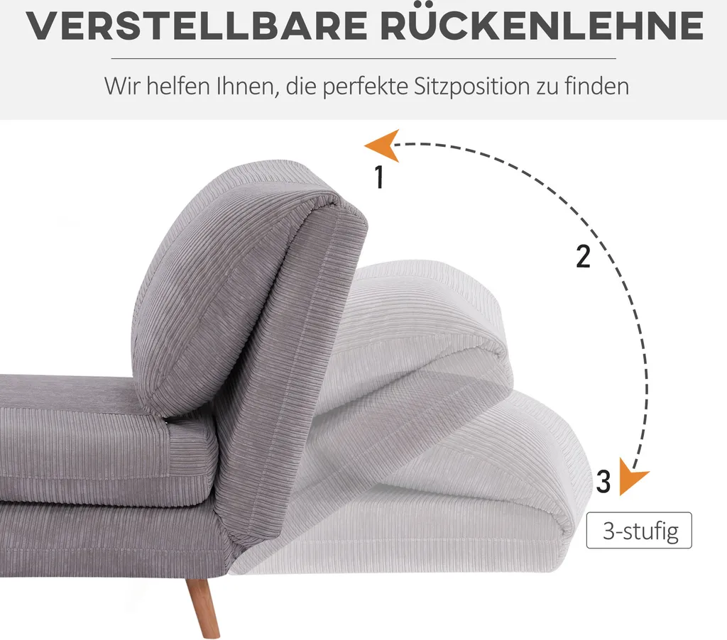 HOMCOM 2-in-1 Schlafsofa Schlafsessel Verstellbar Klappmatratze Gästebett ,Chaiselongue Im Cord-Optik, Für Schlafzimmer, Wohnzimmer Hellgrau 82 X 89 X 83 Cm – Bild 5