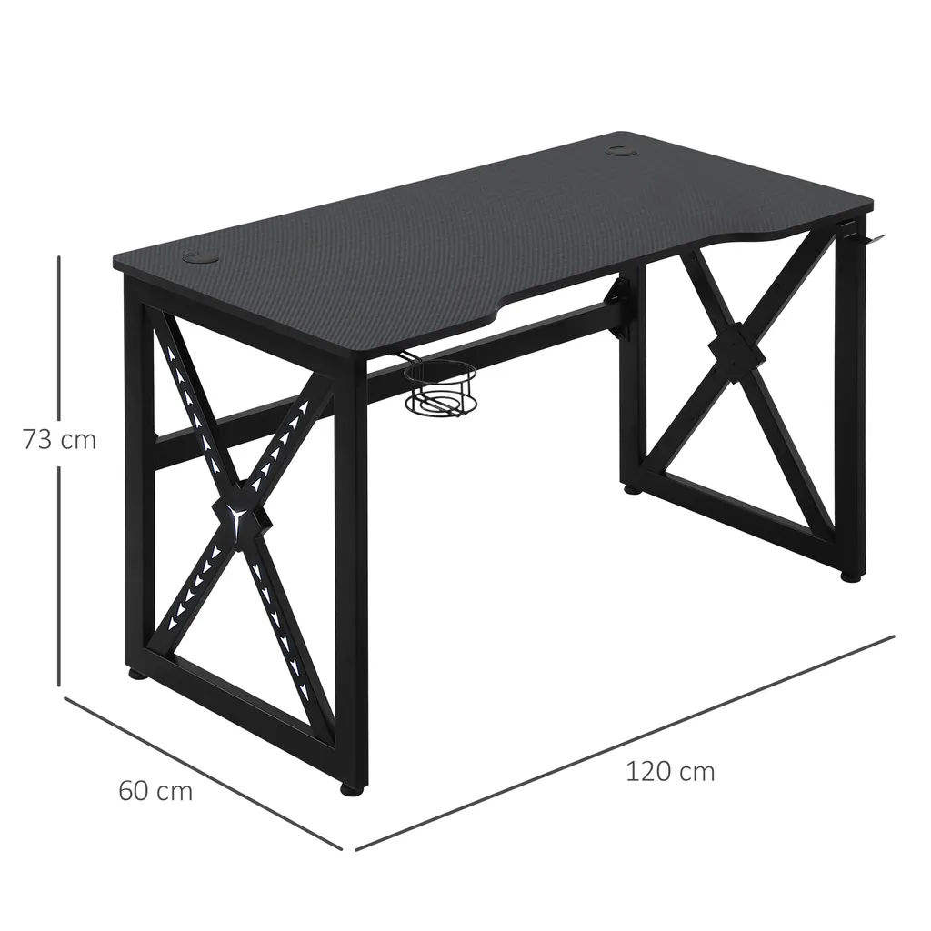 HOMCOM Computertisch Mit LED-Leuchten Monitorablage PC Tisch Gaming Tisch Mit Becherhalter E-Sport-Stil Bürotisch Mit Verstellbaren Füßen MDF Metall Schwarz 120 X 60 X 73 Cm – Bild 3