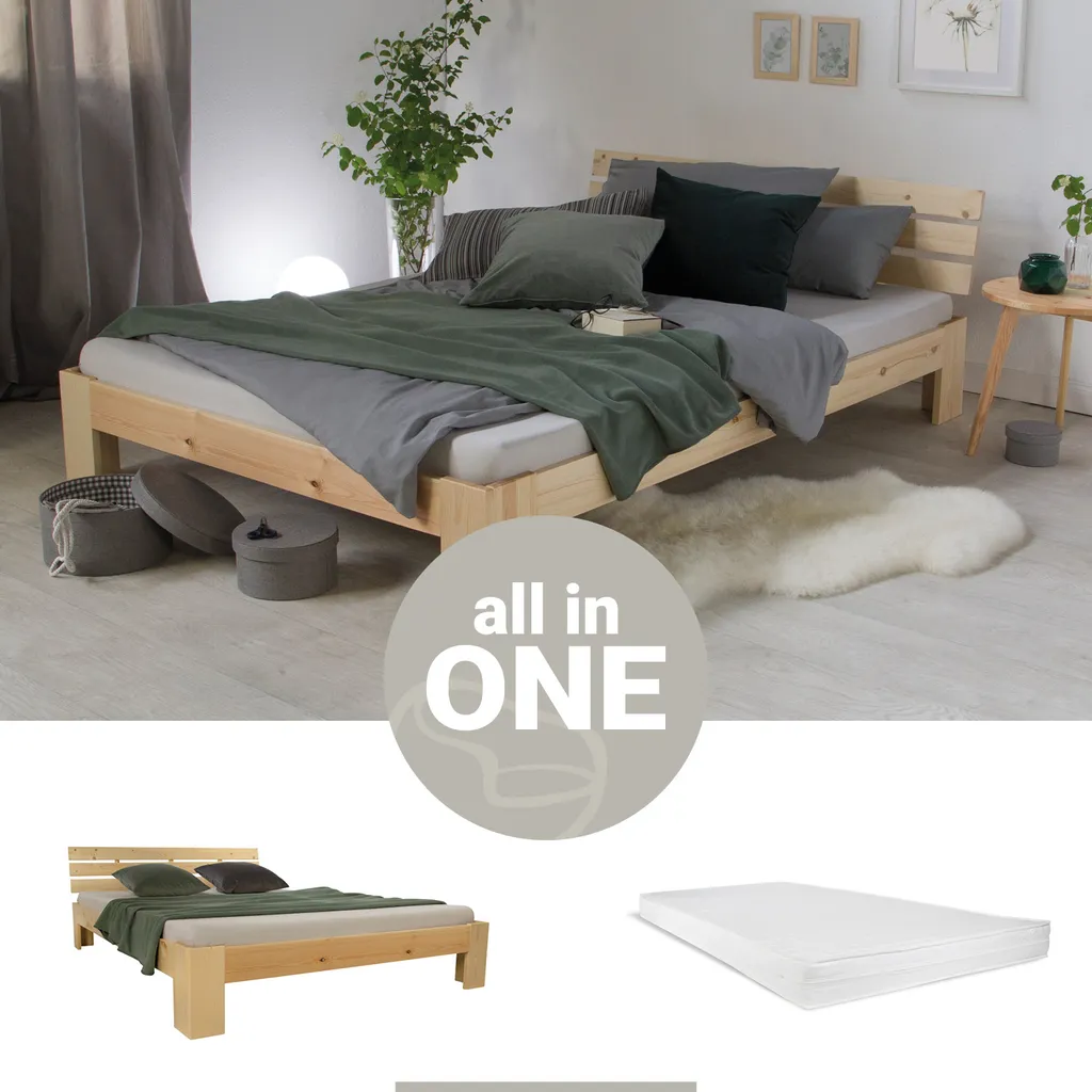 Homestyle4u 2264, Holzbett Doppelbett 140x200 Mit Matratze Und Lattenrost Bett Natur Holz Kiefer Bettgestell Futonbett