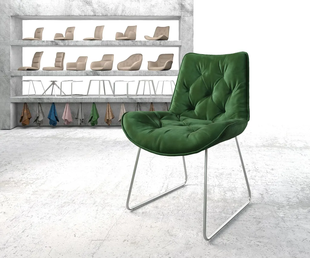 DELIFE Esszimmerstuhl Taimi-Flex Samt Grün Kufengestell Edelstahl
