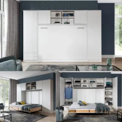 Schrankbett Klappbett Wandbett Horizontal HB 140 X 200, Schrankklappbett Mit Aufsatz Und 2 Schränken Weiß Eiche Sonoma, Lancelot Mit Schwarz