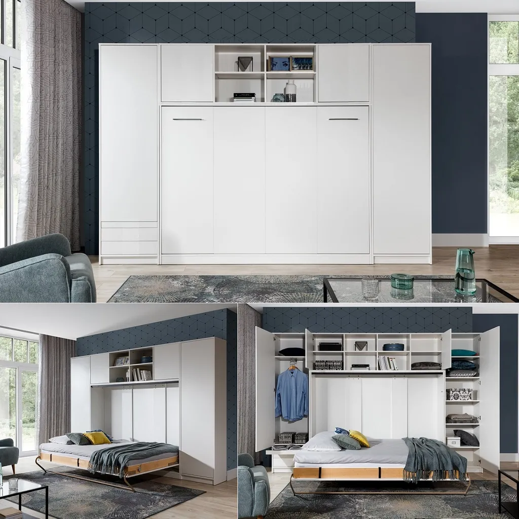 Schrankbett Klappbett Wandbett Horizontal HB 140 X 200, Schrankklappbett Mit Aufsatz Und 2 Schränken Weiß Eiche Sonoma, Lancelot Mit Schwarz