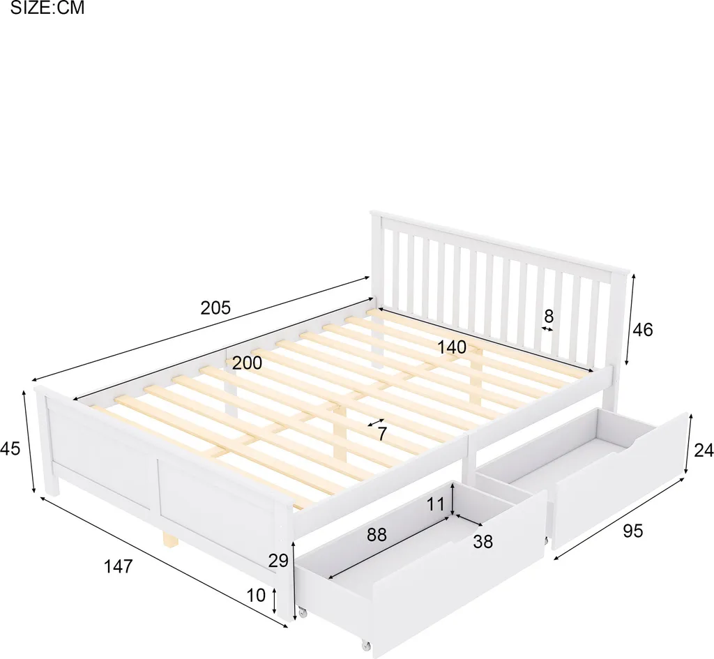 Merax Doppelbett 140x200cm Massivholzbett Mit Lattenrost Und 2 Schubladen, Klassisches Bett Jugendbett Gästebett, Weiß – Bild 5