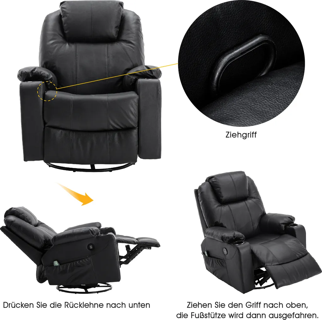MCombo Leder Massagesessel Fernsehsessel Relaxsessel Dreh Schaukel Heizung USB Manuell Verstellbar Echtleder 7050BK – Bild 9