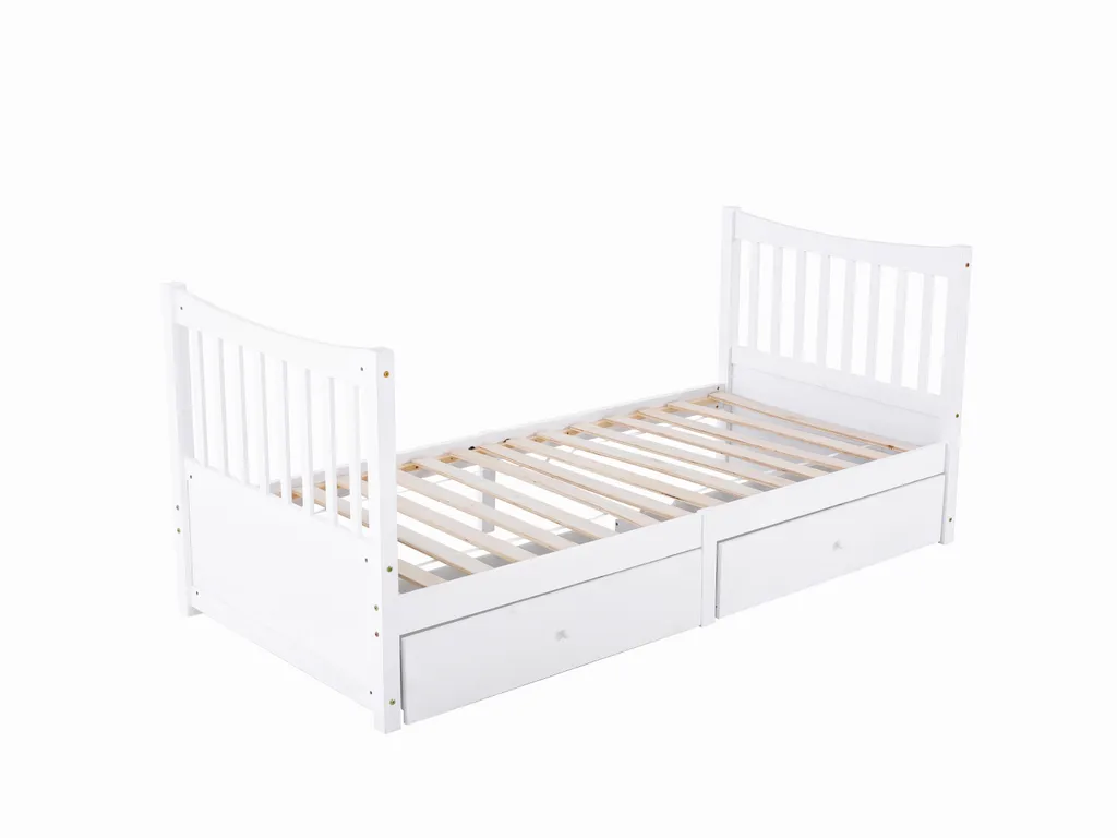 Merax Kinderbett 90x200cm Jugendbett Mit Schubladen, Kopfteil Und Fußteil, Einzelbett Kiefer Bettrahmen Massiv Gästebett, Weiß – Bild 8
