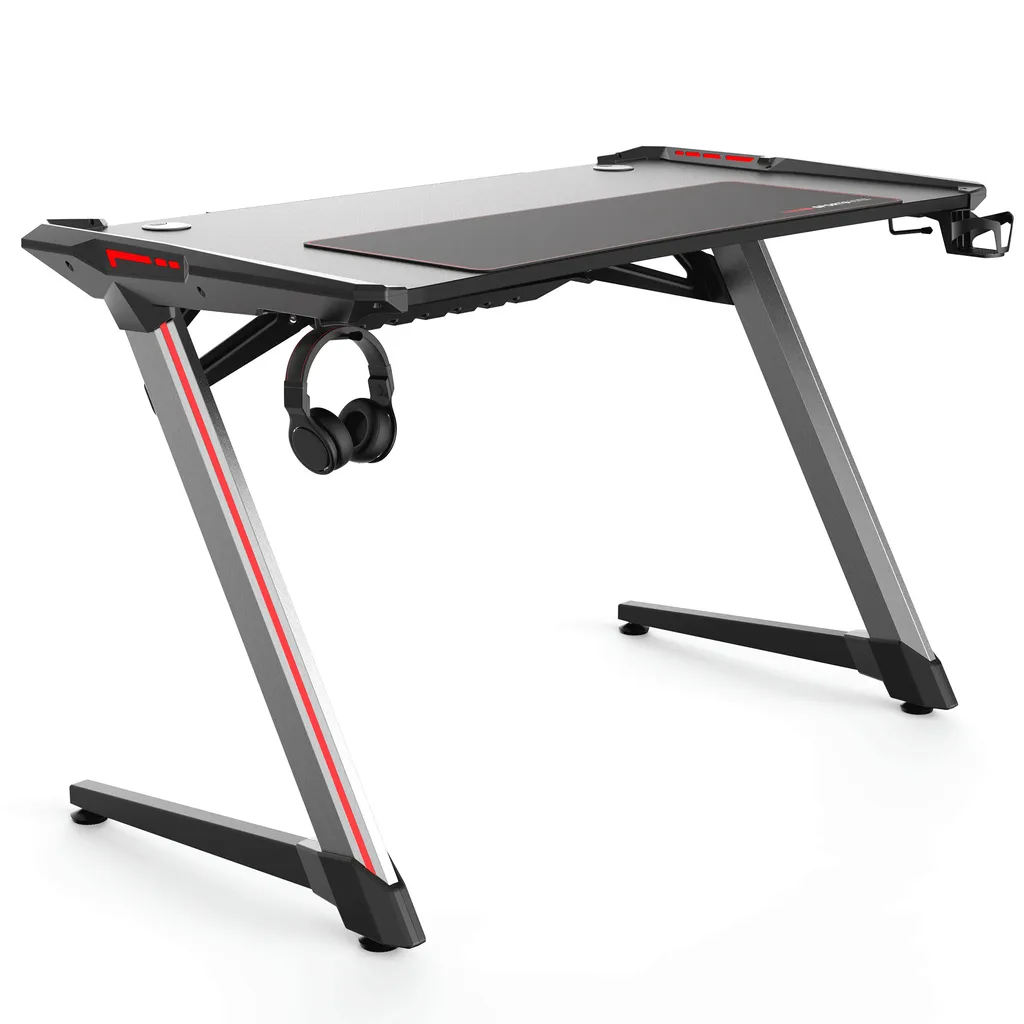 EXCAPE Gaming Tisch Z12 ULTRA Mit LED/RGB Beleuchtung 120cm Breit - Beine In Z-Form, Carbon-Optik, Schreibtisch Gaming - Gamingtisch Inkl. Getränkehalter, Kopfhörerhalter - PC Tisch, Gamer Desk, Tischplatten Größe:120cm X 60xm – Bild 7