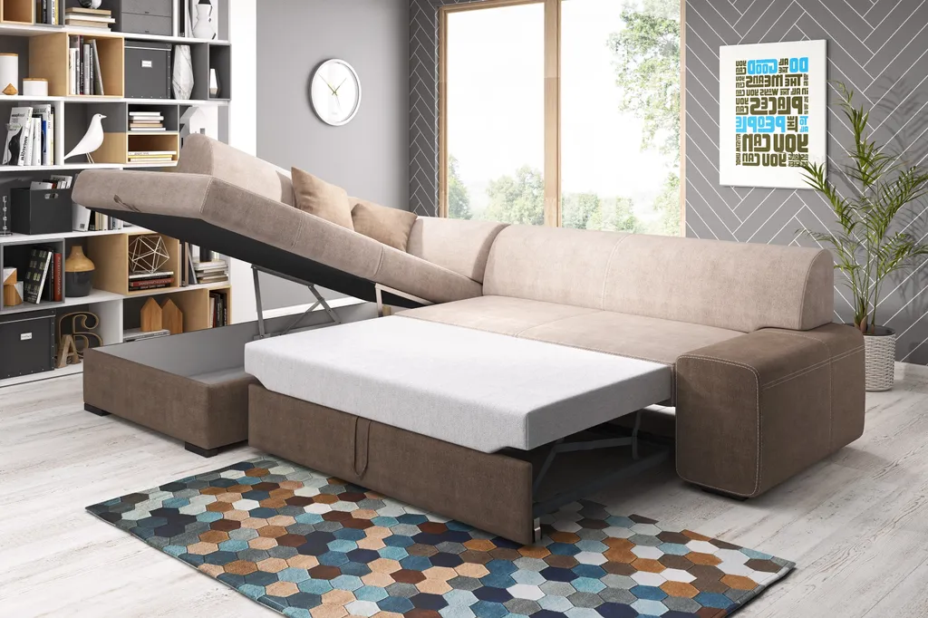 GRAINGOLD Ecksofa Fresto - Schlaffunktion & Bettkasten - Eckcouch In L-Form, Schlafsofa - Ottomane Links Freistehend - Beige/Braun – Bild 2