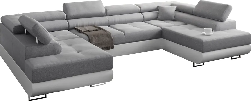 Ecksofa Miami U Mit Schlaffunktion Und Bettkasten, 338 X 203 Cm, Hellgrau, Kunstleder Weiß