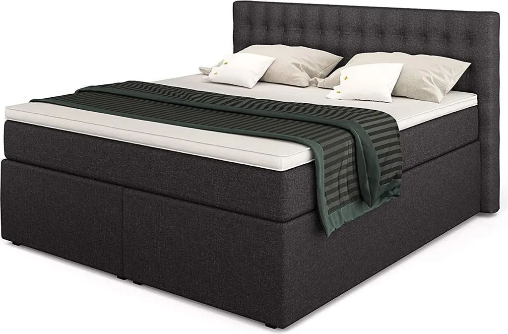 King Boxspringbett 180x200 Cm 7-Zonen Taschenfederkernmatratze Und Visco-Topper | Farbe: Anthrazit, Härtegrad H3