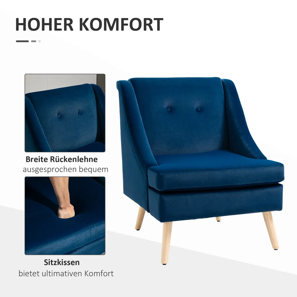 HOMCOM Esszimmerstuhl Loungesessel Mit Armlehne Akzentsessel Küchensessel Skandi-Design Bis 150 Kg Belastbar Für Wohnzimmer Schlafzimmer Bezug Aus Samt Blau 69 X 76 X 87,5 Cm – Bild 5