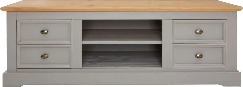 TV-Lowboard KENT, Schöner Fernsehschrank Aus Kiefer Massiv In Grau/braun, Praktisches Hifi-Möbel Mit 4 Schubladen, Attraktives Sideboard Mit Zwei Nischen – Bild 2