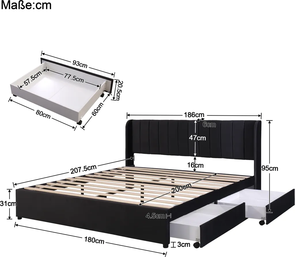 Merax Boxspringbett 180x200cm Polsterbett Stauraumbett Funktionsbett Doppelbett Mit Lattenrost Und 2 Schubladen, Schwarz – Bild 5
