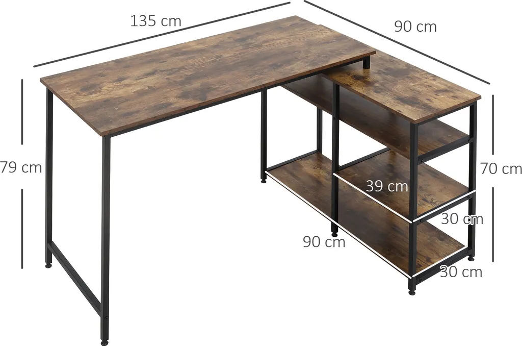 HOMCOM Eckschreibtisch Winkelschreibtisch PC-Tisch Computertisch Bürotisch Regal Schublade L-Form Spanplatte Metall Rustikales Braun 135 X 90 X 79 Cm – Bild 7