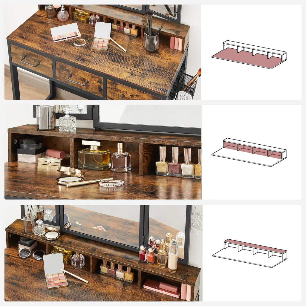 VASAGLE Schminktisch, Frisiertisch Mit 3-teiligem Klappspiegel Kosmetiktisch Mit Gepolstertem Hocker, 3 Schubladen Vintagebraun-schwarz RVT004B01 – Bild 15