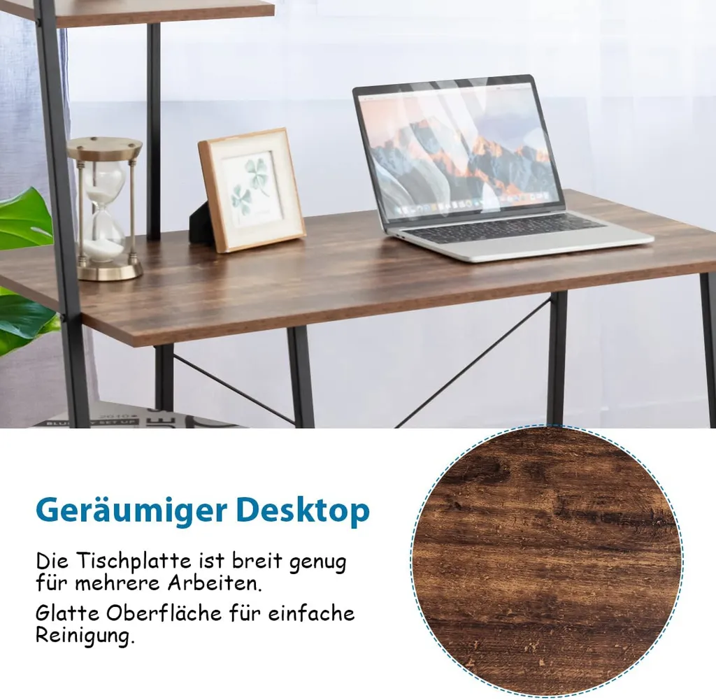 COSTWAY Computertisch Mit 4 Regaln, Schreibtisch 98x50x118cm, Bürotisch PC Tisch Arbeitstisch Fürs Büro, Arbeits- & Wohnzimmer, Braun – Bild 3