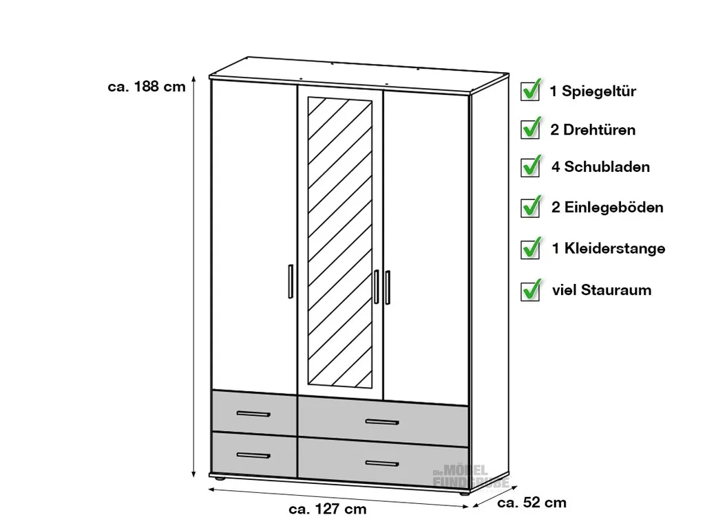 Kleiderschrank RASANT - EXTRA Drehtürenschrank Weiß - San Remo Eiche 127 Cm - Die Möbelfundgrube – Bild 3