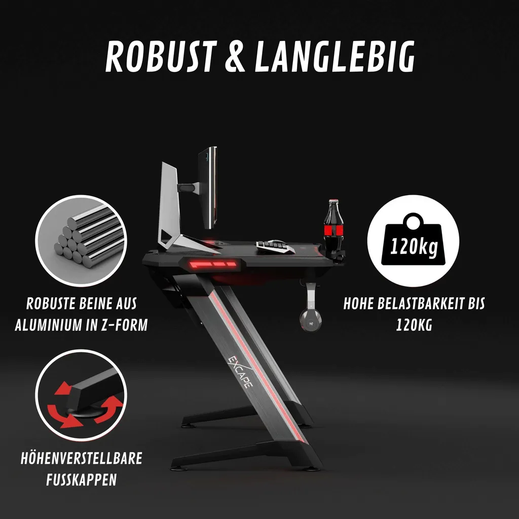 EXCAPE Gaming Tisch Z12 ULTRA Mit LED/RGB Beleuchtung 120cm Breit - Beine In Z-Form, Carbon-Optik, Schreibtisch Gaming - Gamingtisch Inkl. Getränkehalter, Kopfhörerhalter - PC Tisch, Gamer Desk, Tischplatten Größe:120cm X 60xm – Bild 3