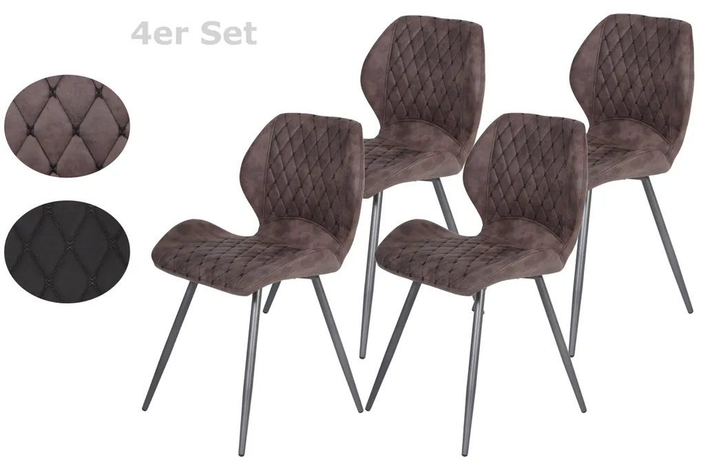 4er Set Vierfußstuhl Aurora - Microfaser Vintage Braun Mit Rautensteppung - Metallgestell Grau Lackiert