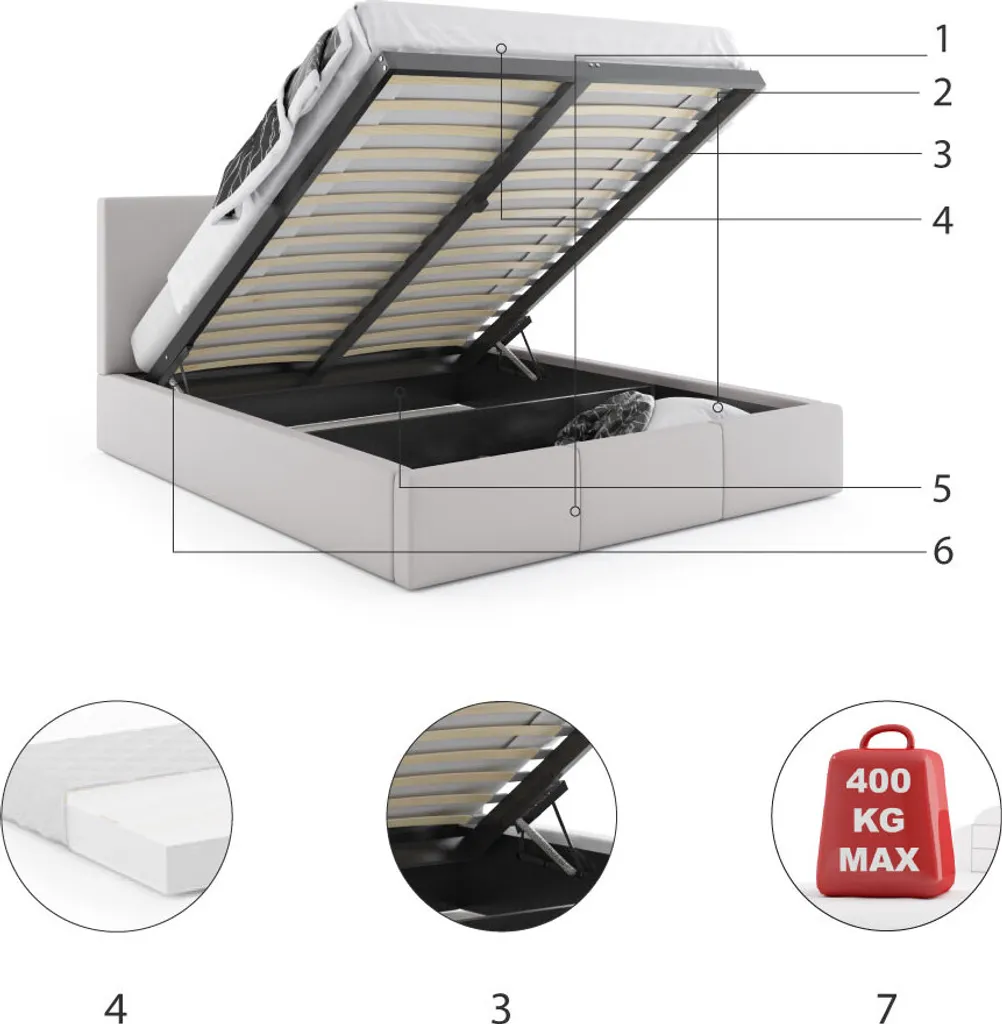 BMS Interbeds Polsterbett Hilton 160x200cm / 6 Farben, Mit 2 Schaumstoffmatratzen (gratis) Und Lattenrost – Bild 4