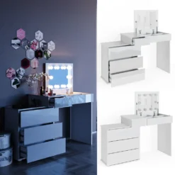 Vicco Schminktisch Frisiertisch Frisierkommode Lotos Weiß Mit LED Beleuchtung