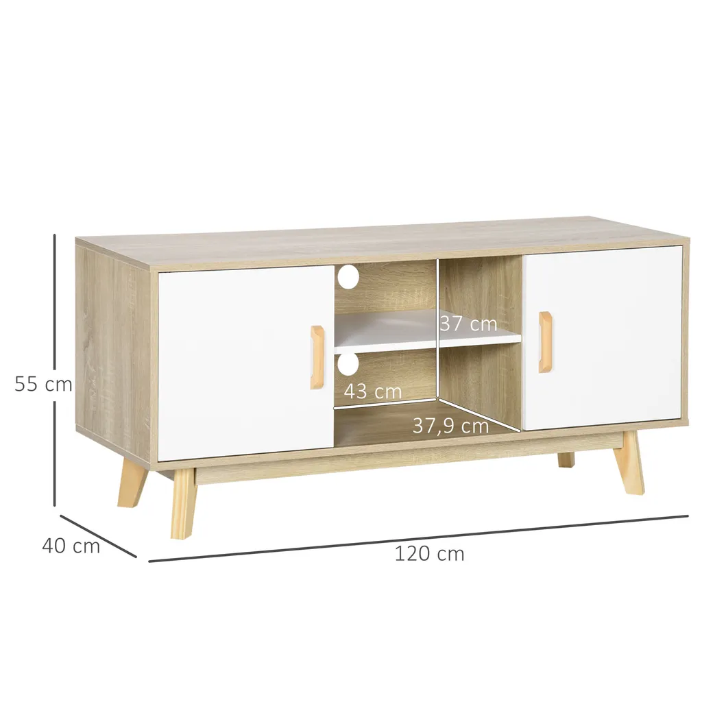 HOMCOM TV-Lowboard Fernsehschrank TV Schrank Fernsehtisch Sideboard Mit 2 Schränke Und Offenen Regale Skandi-Design Bis Zu 55 Zoll Natur+Weiß 120 X 40 X 55 Cm – Bild 3