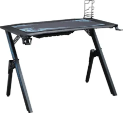 HOMCOM Gaming Tisch Schreibtisch Mit Kopfhörerhaken Getränkehalterung R-förmiger Computertisch MDF Metall Schwarz+Blau 110 X 59 X 75 Cm