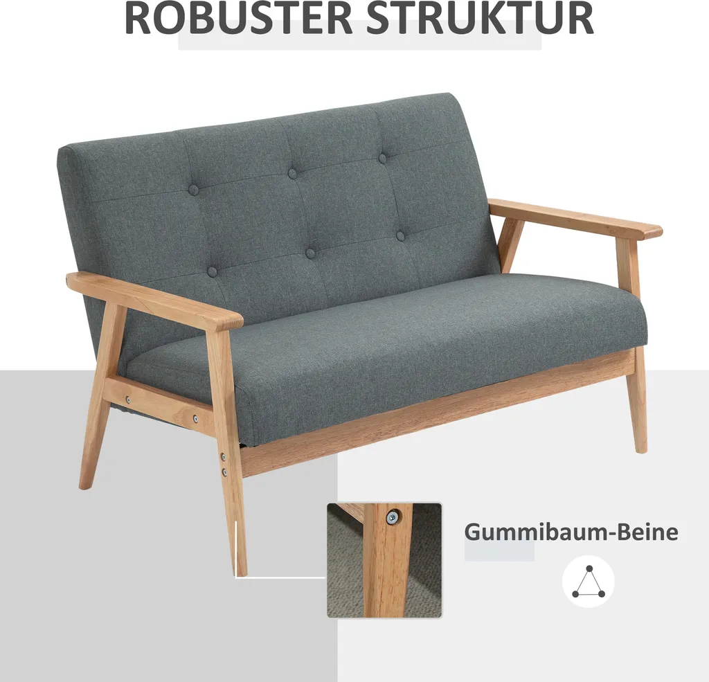 HOMCOM Doppelsofa Polsterung Loveseat Kompaktes Design Zweisitzer Stoffsofa 2 Sitzer Sofa Leinen Gummiholz Grau 115 X 66,5 X 73 Cm – Bild 5
