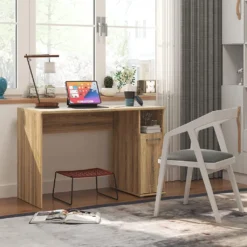 COSTWAY Schreibtisch Mit Breiter Arbeitsfläche, Offenes Fach Und Schrank, Computertisch Aus Holz, Bürotisch Modern, 110 X 52 X 73 Cm (Natur)