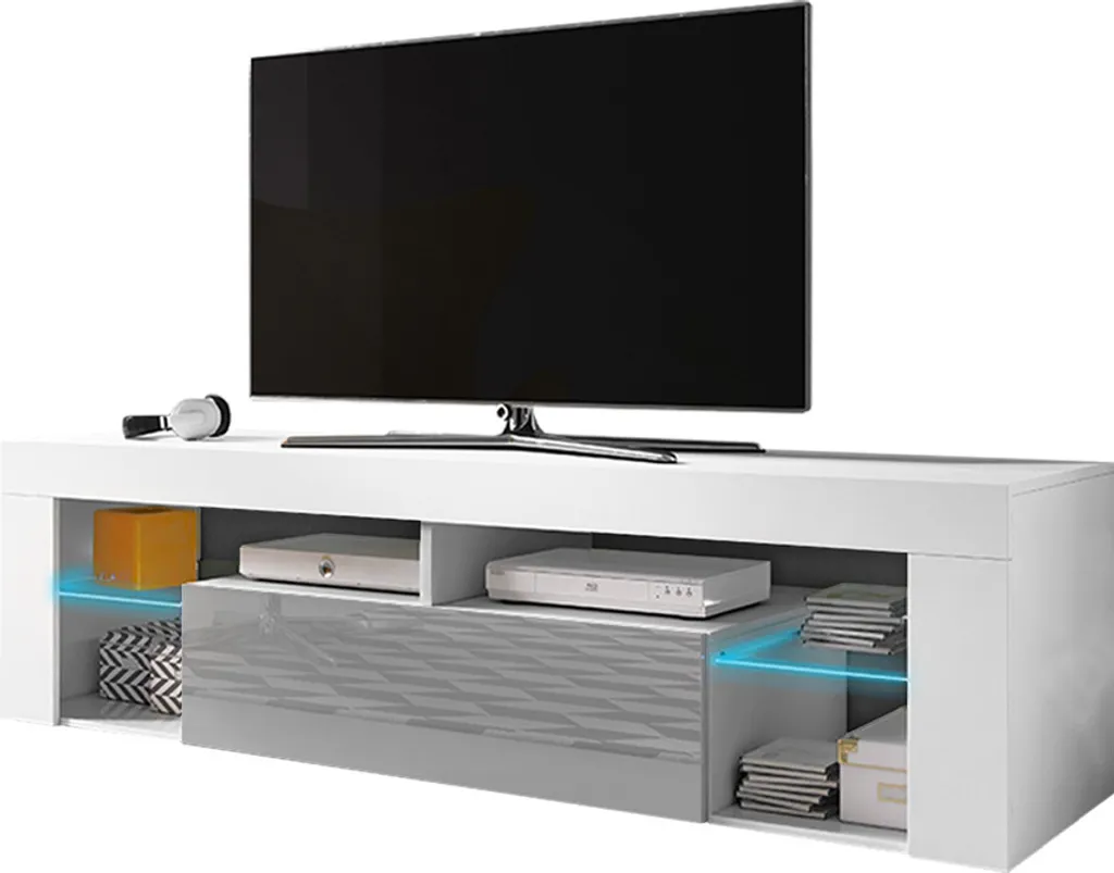 Selsey TV-Schrank BIANKO TV-Lowboard Weiß Matt/Grau Hochglanz 140 Cm Mit LED-Beleuchtung – Bild 2