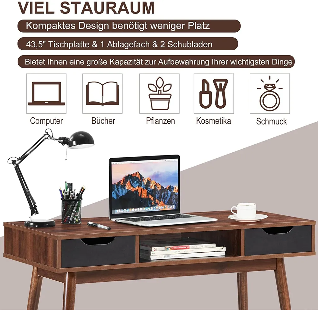 COSTWAY Computertisch Mit 2 Schubladen & Offenem Ablagefach, Moderner Schreibtisch 110 Cm, Bürotisch Aus Massivholz, PC-Arbeitsplatz Konsolentisch, Für Arbeitszimmer & Büro & Wohnzimmer, Braun – Bild 4