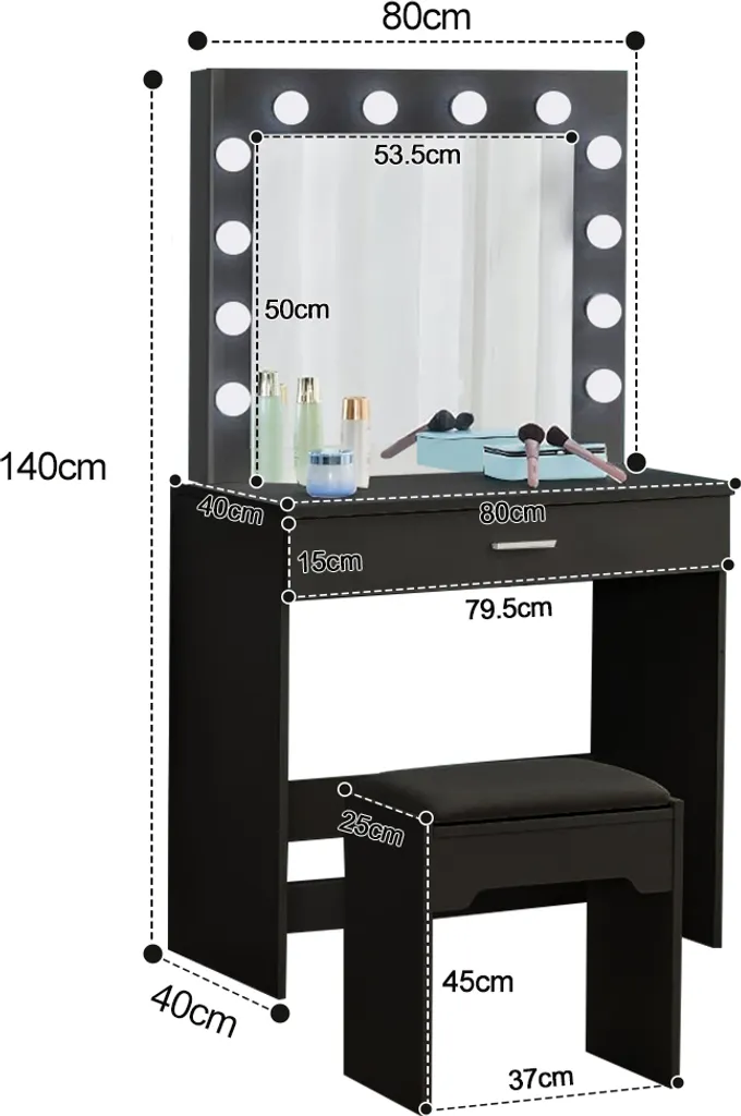 Yoleo Schminktisch Mit Spiegel, LED-Beleuchtung Und Hocker, Frisiertisch Mit Großer Schublade, Kosmetiktisch 140x40x80cm, Schwarz – Bild 7