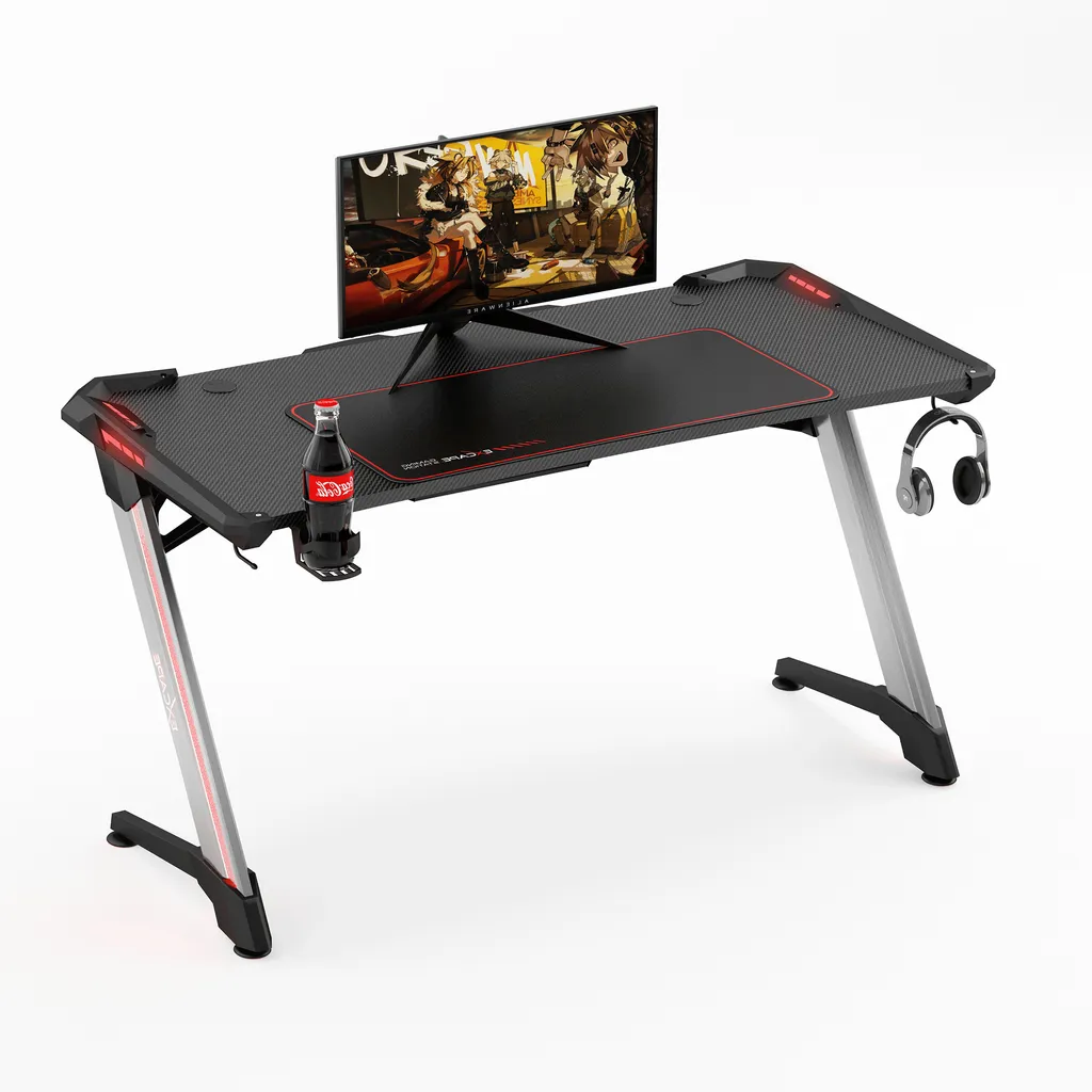 EXCAPE Gaming Tisch Z12 ULTRA Mit LED/RGB Beleuchtung 120cm Breit - Beine In Z-Form, Carbon-Optik, Schreibtisch Gaming - Gamingtisch Inkl. Getränkehalter, Kopfhörerhalter - PC Tisch, Gamer Desk, Tischplatten Größe:120cm X 60xm