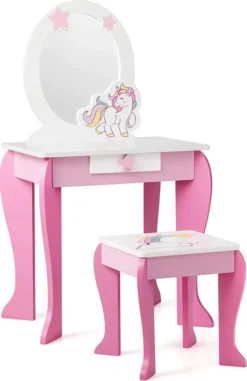 COSTWAY Kinder Schminktisch Mit Hocker, Prinzessin Frisiertisch Mit Schublade Und Abnehmbarer Spiegel, Frisierkommode Rosa, Schminkkommode Für Mädchen Von 3-7 Jahren (Pink)