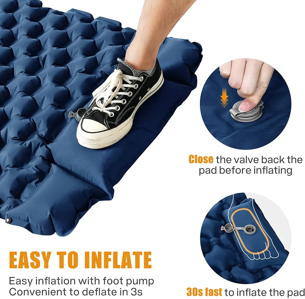 Relefree Isomatte Camping Selbstaufblasend Mit Fußpresse Kleines Packmaß Ultraleicht - Camping Luftmatratze Wasserdicht Mit Kissen , Mehrweg,Marineblau – Bild 3