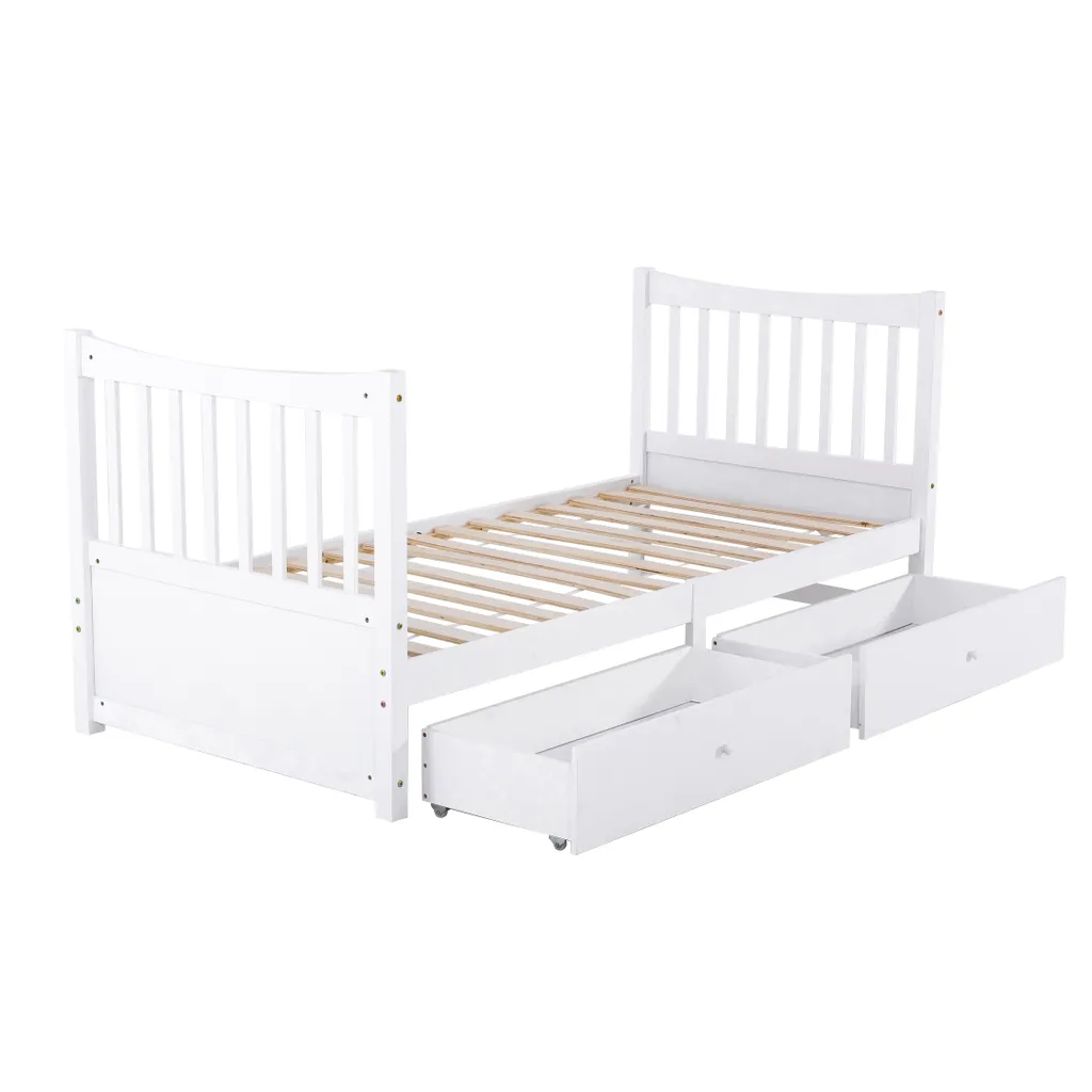 Merax Kinderbett 90x200cm Jugendbett Mit Schubladen, Kopfteil Und Fußteil, Einzelbett Kiefer Bettrahmen Massiv Gästebett, Weiß – Bild 4