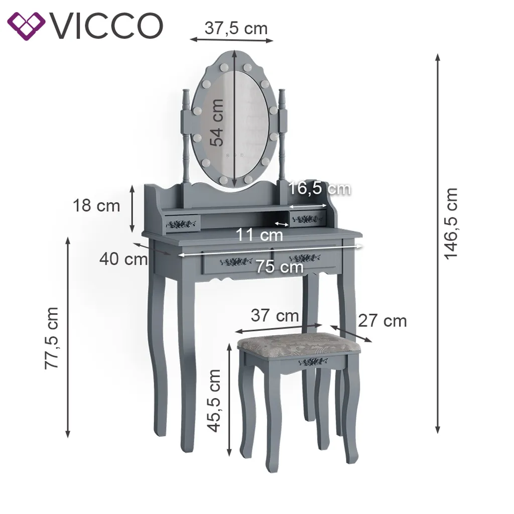 Vicco Schminktisch + Hocker Grau 75 X 146,5 X 40 Cm Holzwerkstoff – Bild 3