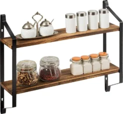 COSTWAY 2 Ebenen Schweberegal, Wandregal Aus Holz, Regal Hängend, Rustikales Lagerregal Für Küche, Wohnzimmer, Schlafzimmer Oder Badezimmer, 60 X 15 X 51cm