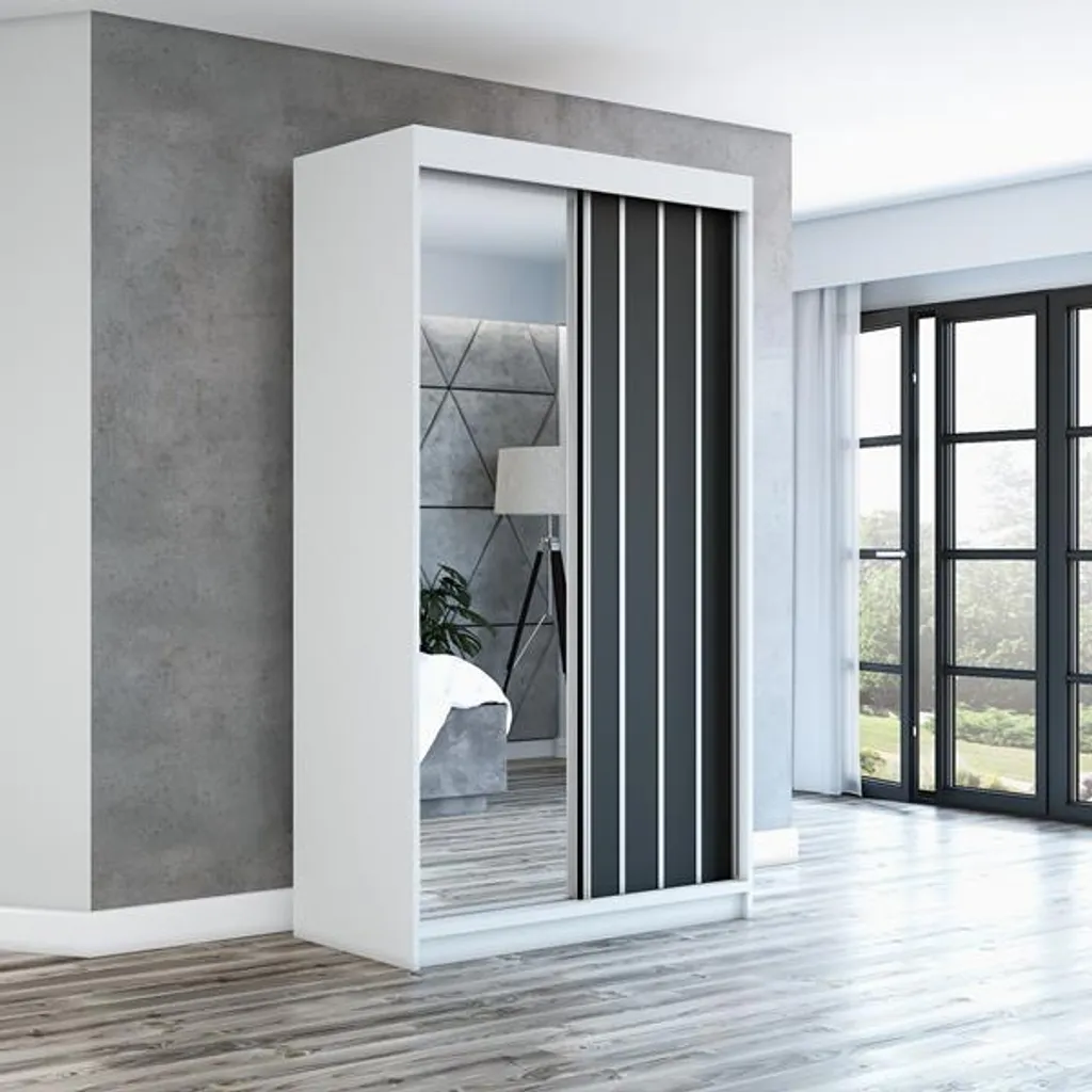 Schwebetürenschrank, 2-türig Schrank Mit Spiegel! Moderne Garderobe Für Kleidung. Verschiedene Farben (Weiß, Schwarz, Somona) Kleiderschrank VIGO 120 Cm