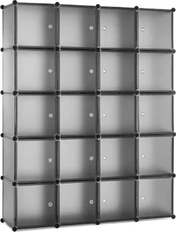 Meerveil Kunststoff Kleiderschrank Garderobenschrank Steckregal DIY Modular Schrank Regalsystem Mit 2 Kleiderstange (Halbtransparent Grau, 20-Kubus)
