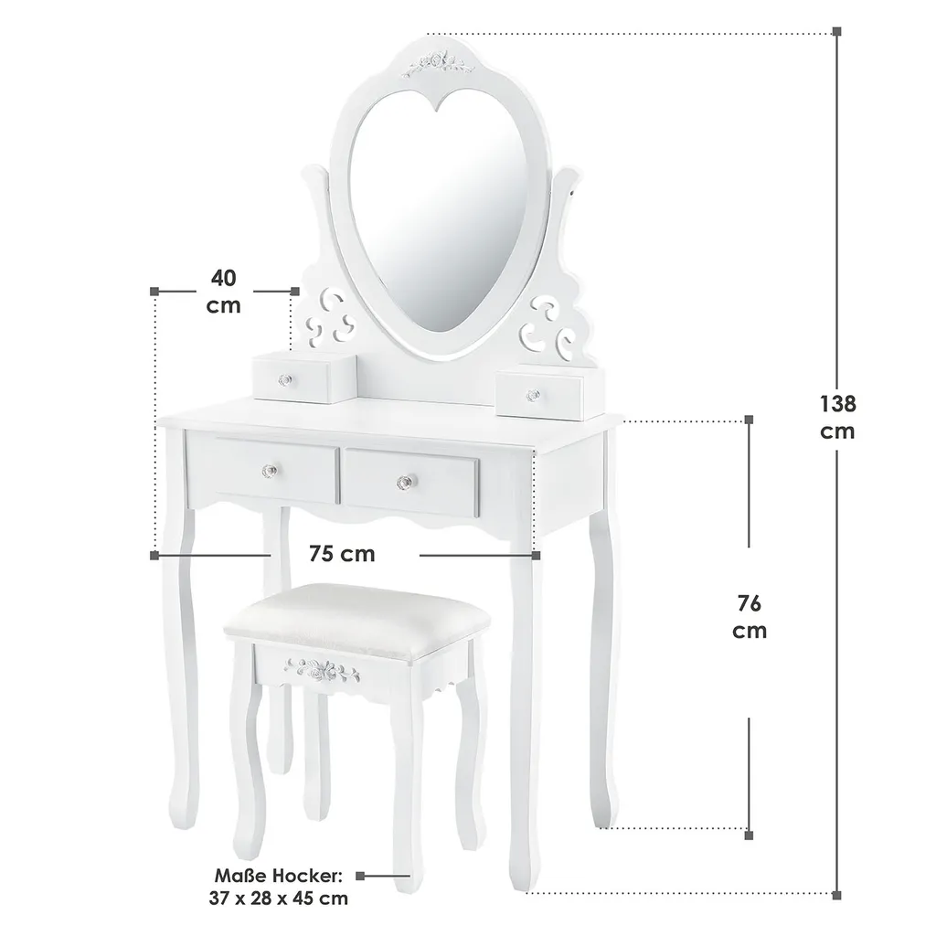 Juskys Schminktisch Julia Mit Spiegel, Hocker & 4 Schubladen, 74 X 40 X 138 Cm, Weiß, Landhausstil, MDF Holz, Kosmetiktisch Frisiertisch Kommode – Bild 12