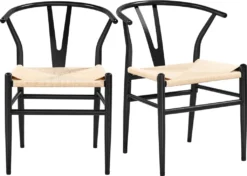 Yaheetech 2-er Set Mittelalterliche Esszimmerstühle Y-Stuhl Wishbone Stuhl Querlenkerstuhl Rattan-Sessel Lehnstuhl Mit Gewebtem Sitz Stapelstühle Für Zuhause Esszimmer Und Wohnzimmer Schwarz