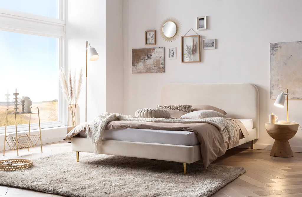 SalesFever Polsterbett Mit Samtbezug | 140 X 200 Cm | Inklusive Lattenrost | B 151,5 X T 214,5 X H 91 Cm | Beige – Goldfarben – Bild 5