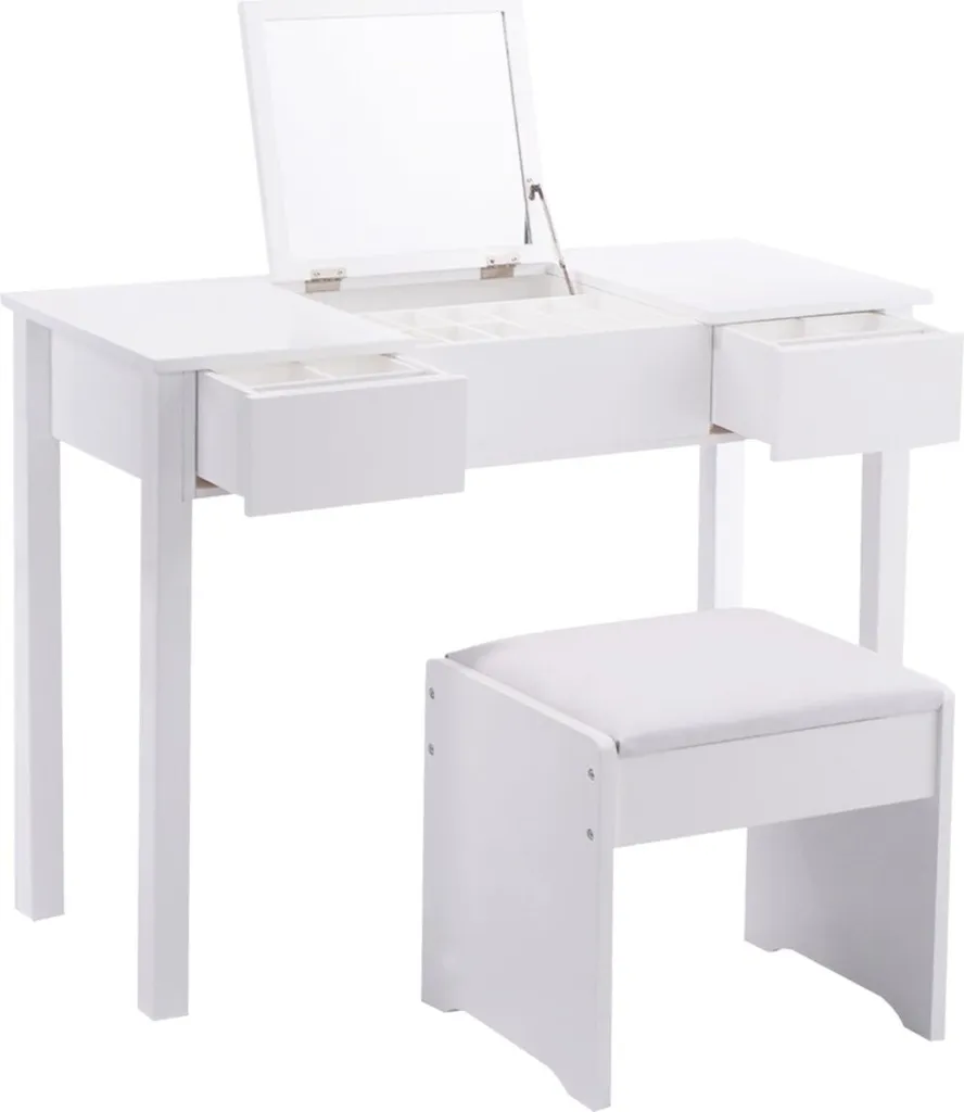 COSTWAY Schminktisch Frisiertisch Frisierkommode Kosmetiktisch Mit Klappspiegel Und Schubladen Inkl. Hocker Weiss – Bild 5