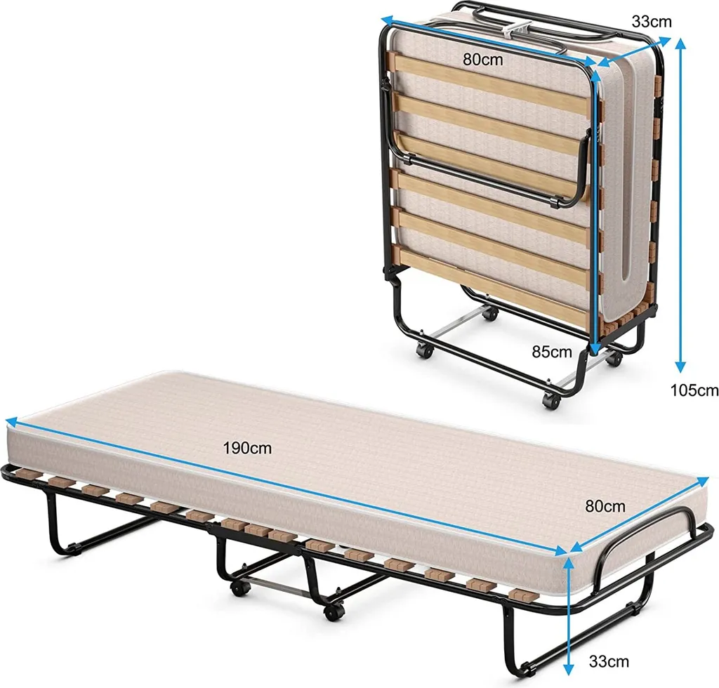 COSTWAY 80x190cm Gästebett Klappbar Mit Matratze, Klappbett Aus Stahl Bis 130kg Belastbar, Faltbett Tragbar Auf Rädern, Einzelbett Für Büro & Gästezimmer – Bild 6