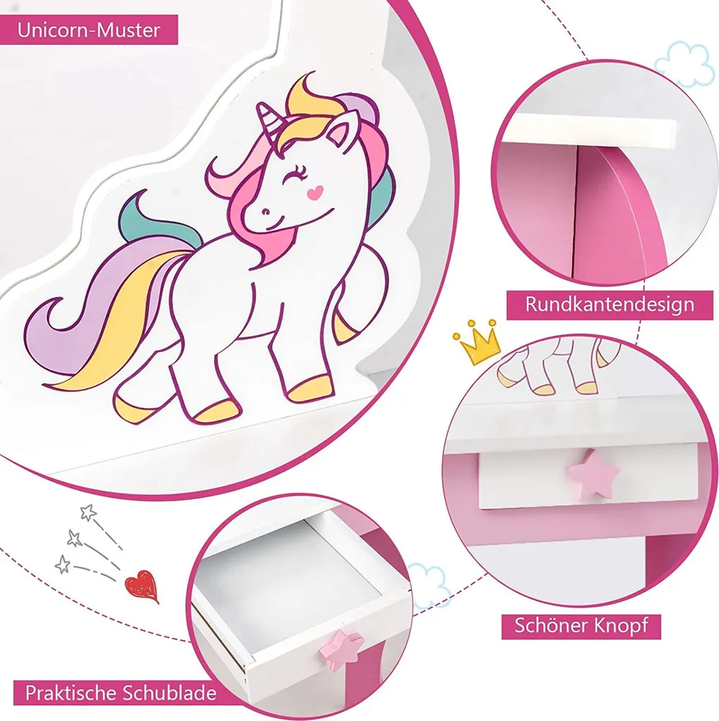 COSTWAY Kinder Schminktisch Mit Hocker, Prinzessin Frisiertisch Mit Schublade Und Abnehmbarer Spiegel, Frisierkommode Rosa, Schminkkommode Für Mädchen Von 3-7 Jahren (Pink) – Bild 4