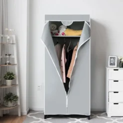 COSTWAY Kleiderschrank Mit Kleiderstange Stoffschrank Faltkleiderschrank 172x74x50cm Grau