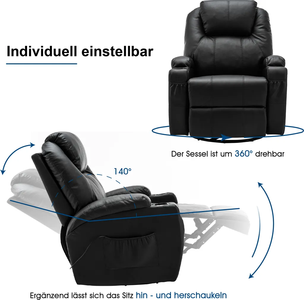 MCombo Massagesessel Fernsehsessel Relaxsessel + Heizung Mit Dreh+Schaukel Manuell Verstellbar 7020BK – Bild 10