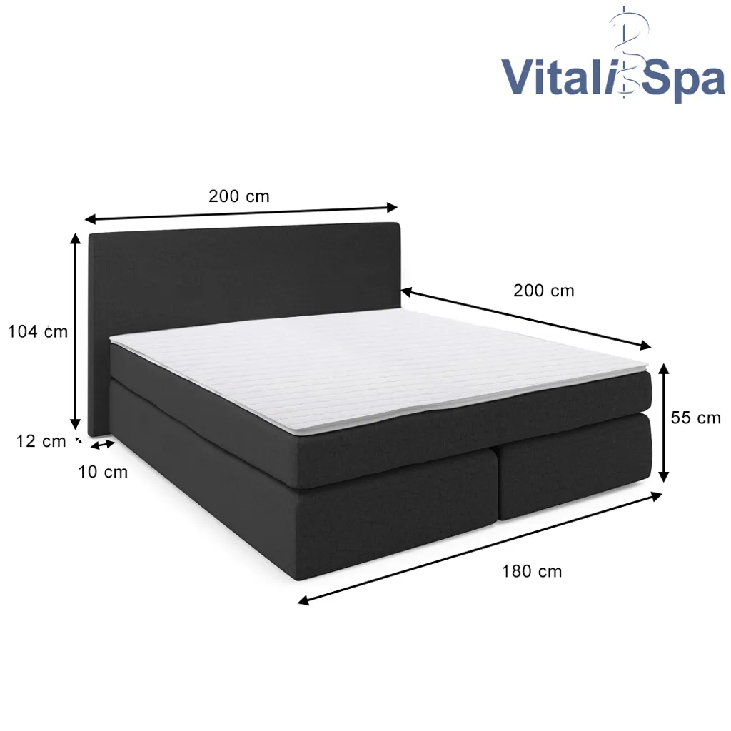 VitaliSpa Boxspringbett Schwarz Mit Topper 180x200 Möbelstoff – Bild 3