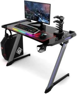 COSTWAY Gaming Tisch, Computertisch Ergonomisch Mit RGB-Beleuchtung, Becher-,Kopfhoererhalterung & USB-Controller-Halterung Schwarz